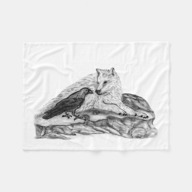 Wolf and Raven - black and white Design Fleece Blanket (Front (Horizontal))