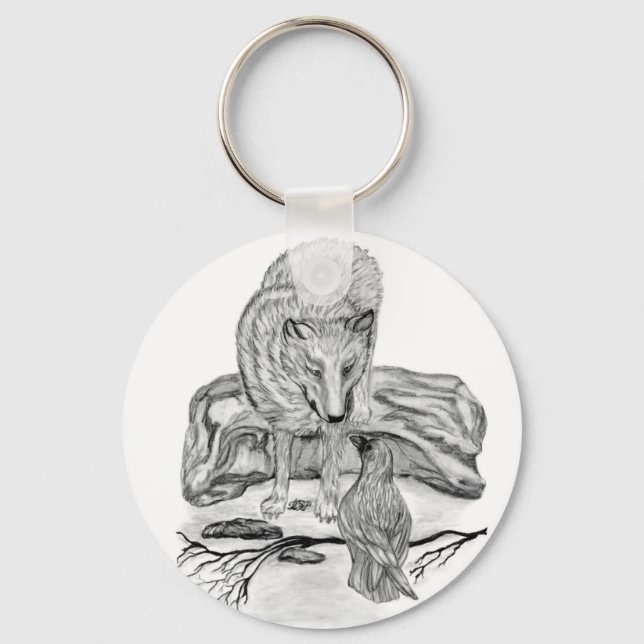 Wolf and Raven black and white design Keychain (Front)