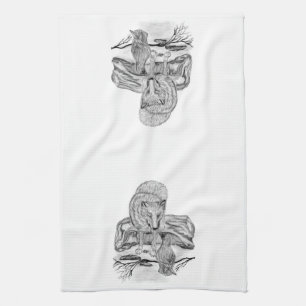 Wolf and Raven black and white design Kitchen Towel