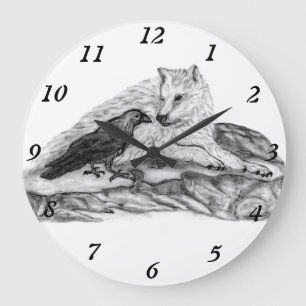 Wolf and Raven black and white design Large Clock
