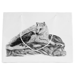 Wolf and Raven - Black and White Design Large Gift Bag