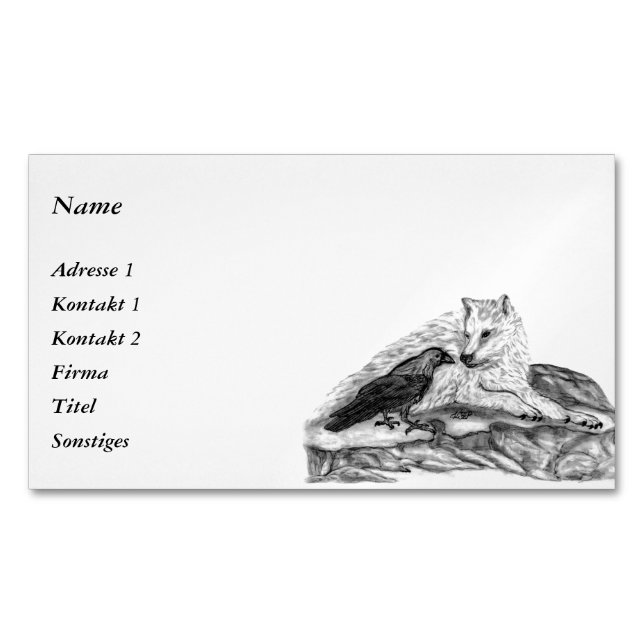 Wolf and Raven - Black and White Design Magnetic Business Card (Front)