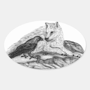 Wolf and Raven black and white design Oval Sticker