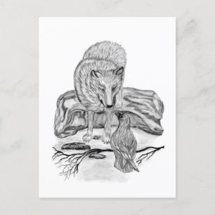 Wolf and Raven black and white design Postcard