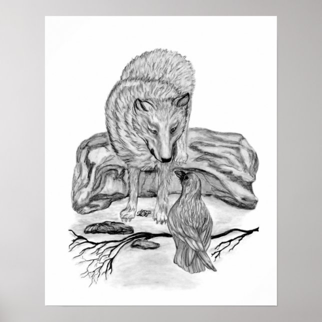 Wolf and Raven black and white design Poster (Front)