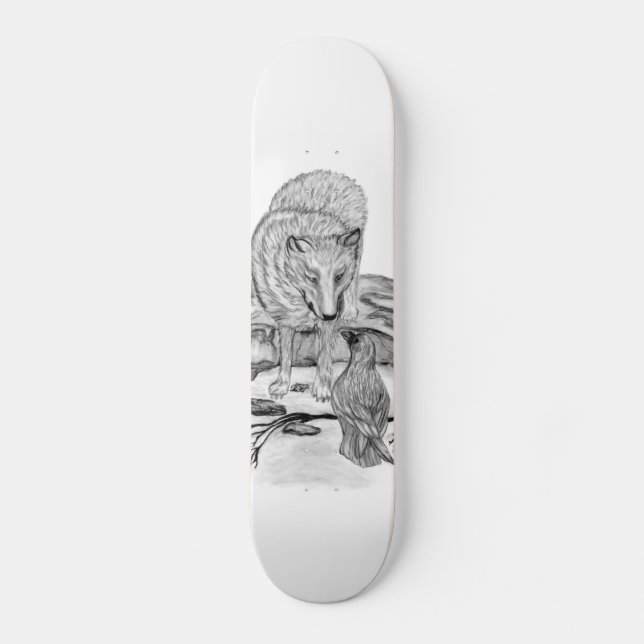 Wolf and Raven black and white design Skateboard (Front)