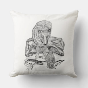 Wolf and Raven black and white design Throw Pillow
