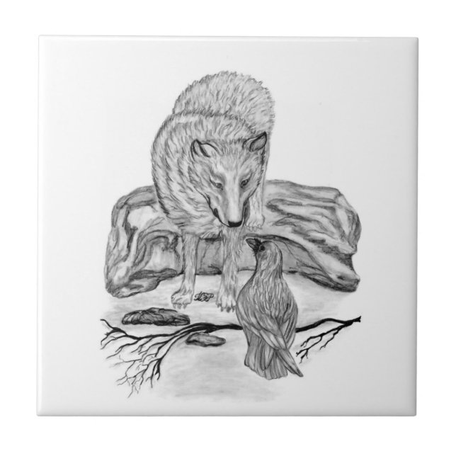 Wolf and Raven black and white design Tile (Front)