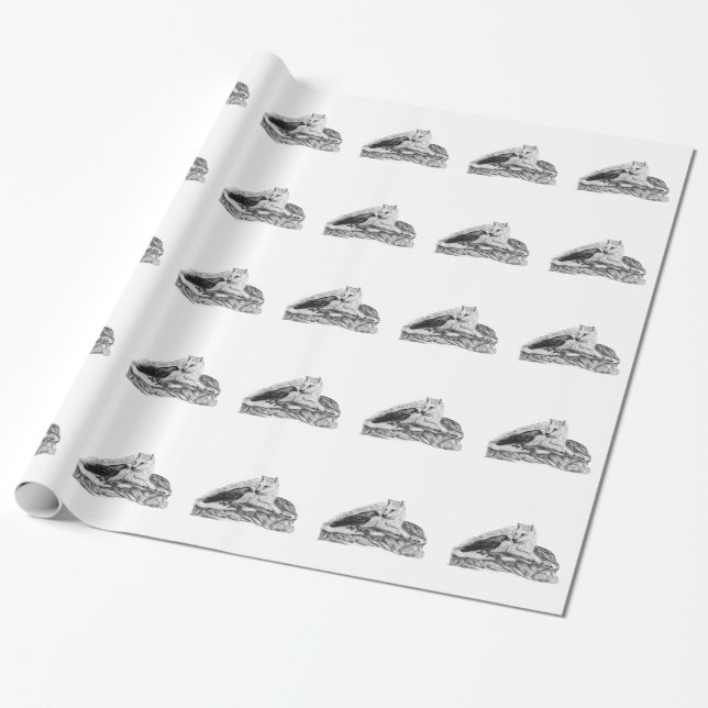 Wolf and Raven black and white design Wrapping Paper (Unrolled)
