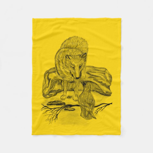 Wolf and Raven -  Black and Yellow Design Fleece Blanket (Front)