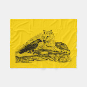 Wolf and Raven -  Black and Yellow Design Fleece Blanket