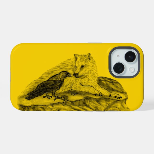 Wolf and Raven black and yellow design iPhone 15 Case (Back Horizontal)