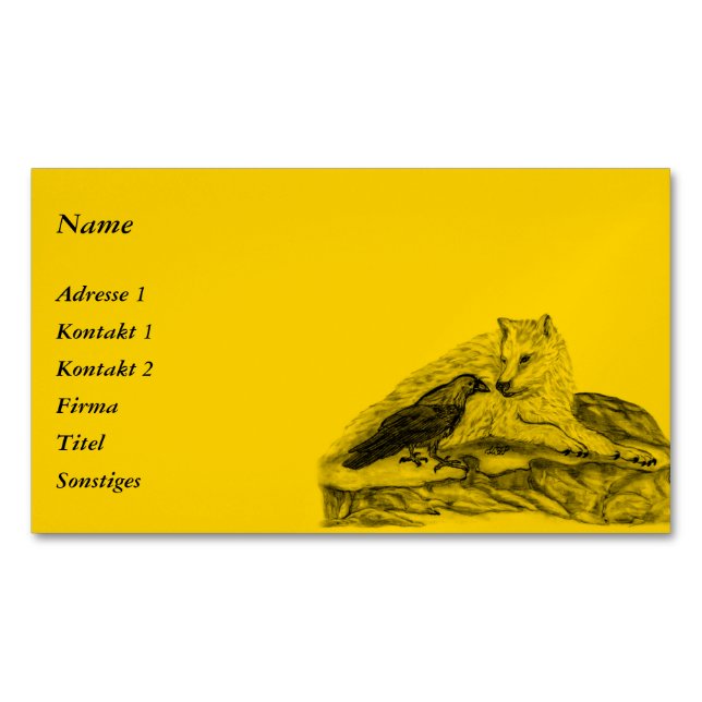 Wolf and Raven - Black and Yellow Design Magnetic Business Card (Front)