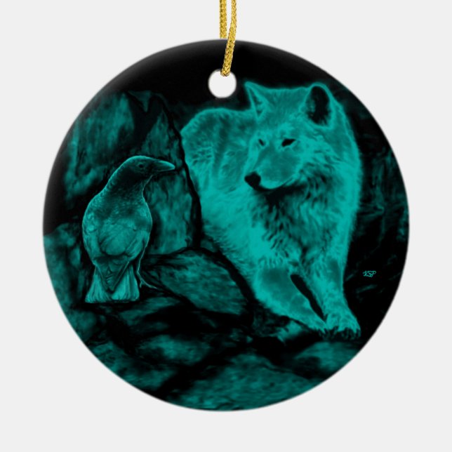 Wolf and Raven in the Night Ceramic Ornament (Front)