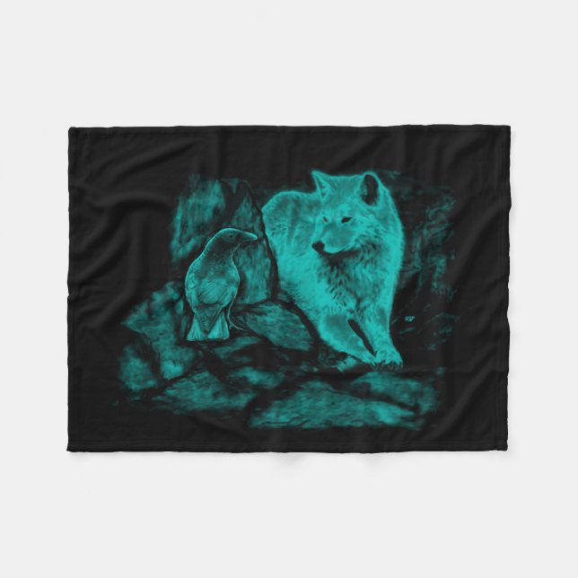 Wolf and Raven in the Night Fleece Blanket (Front (Horizontal))