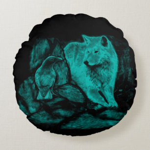 Wolf and Raven in the Night Round Pillow