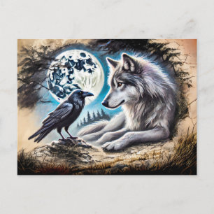 Wolf and Raven on Rock at Full Moon Postcard
