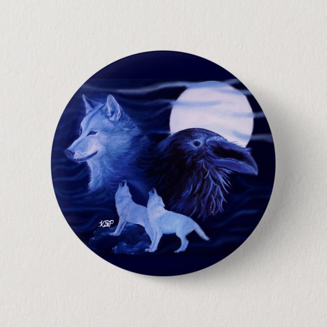Wolf and Raven with full moon 2 Inch Round Button (Front)