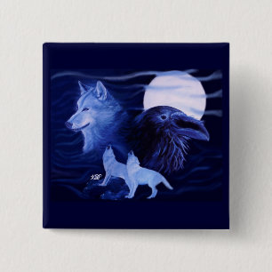 Wolf and Raven with full moon 2 Inch Square Button