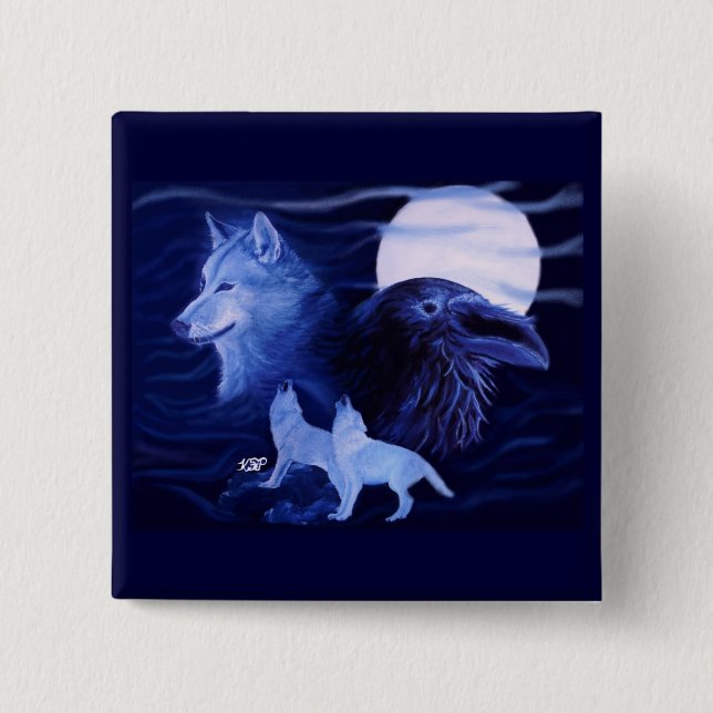 Wolf and Raven with full moon 2 Inch Square Button (Front)