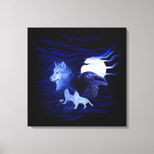 Wolf and Raven with full moon Canvas Print