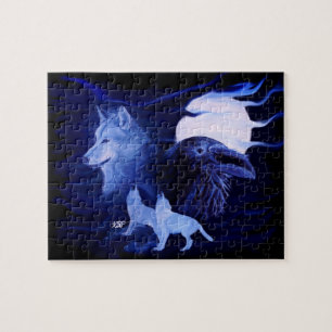 Wolf and Raven with full moon Jigsaw Puzzle