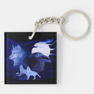 Wolf and Raven with full moon Keychain