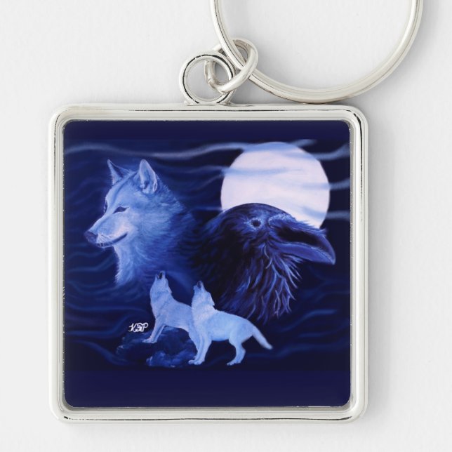 Wolf and Raven with full moon Keychain (Front)
