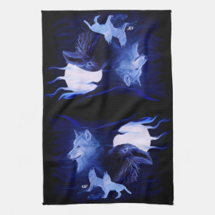 Wolf and Raven with full moon Kitchen Towel