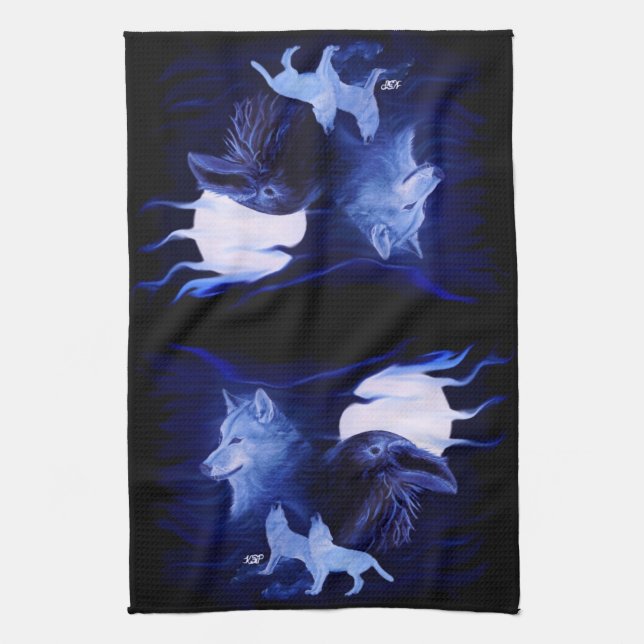 Wolf and Raven with full moon Kitchen Towel (Vertical)