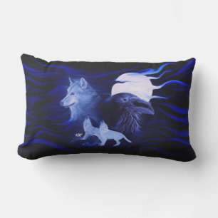 Wolf and Raven with full moon Lumbar Pillow