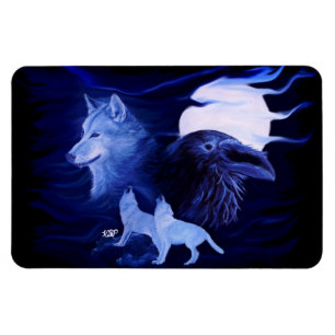 Wolf and Raven with full moon Magnet
