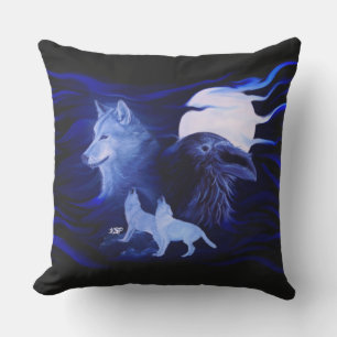Wolf and Raven with full moon Outdoor Pillow