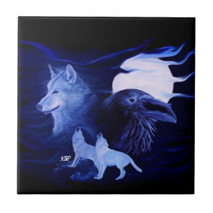 Wolf and Raven with full moon Tile