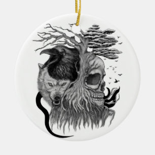 Wolf and Raven with Skull Ceramic Ornament