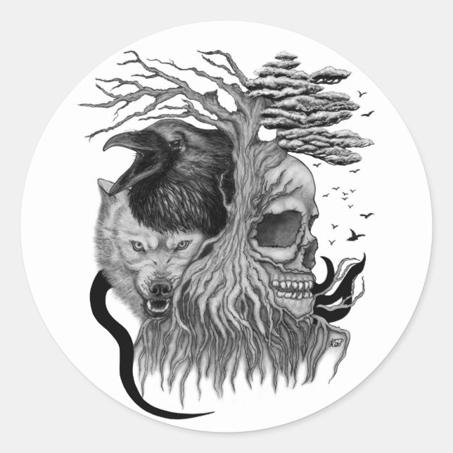 Wolf and Raven with Skull Classic Round Sticker (Front)