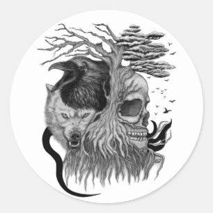 Wolf and Raven with Skull Classic Round Sticker