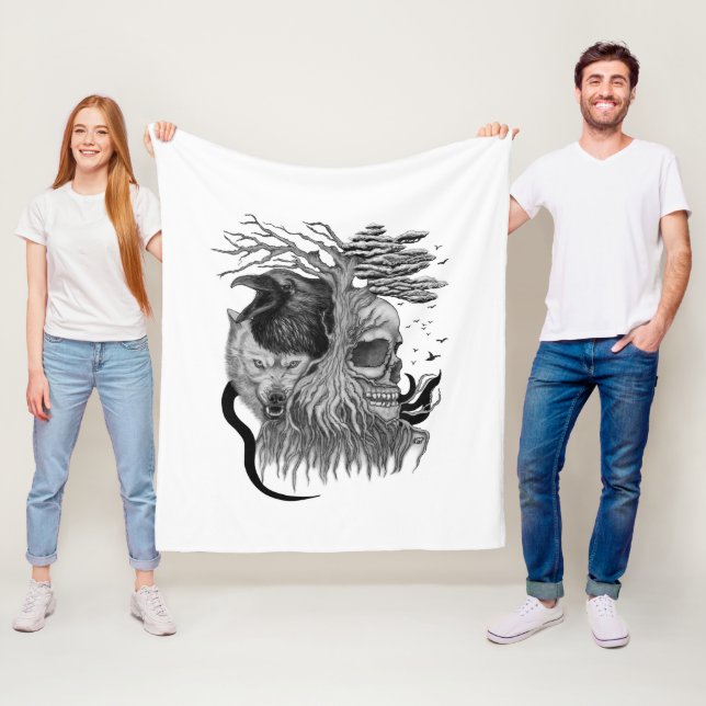 Wolf and Raven with Skull Fleece Blanket (In Situ)