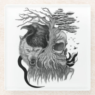Wolf and Raven with Skull Glass Coaster