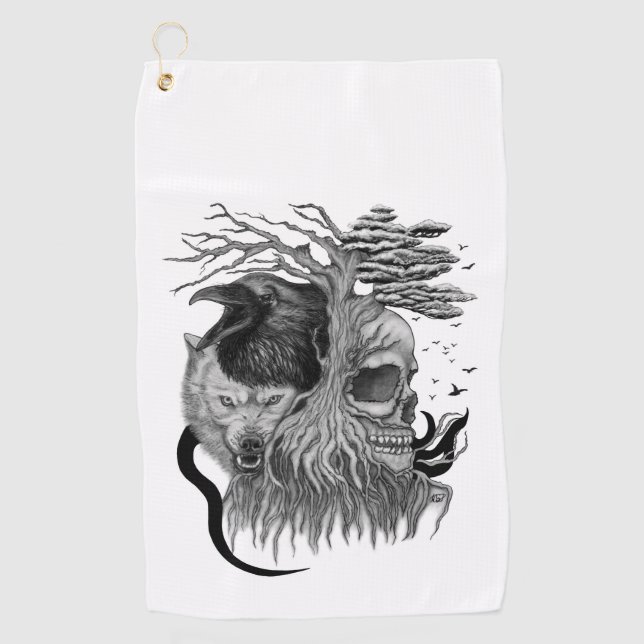 Wolf and Raven with Skull Golf Towel (Front)