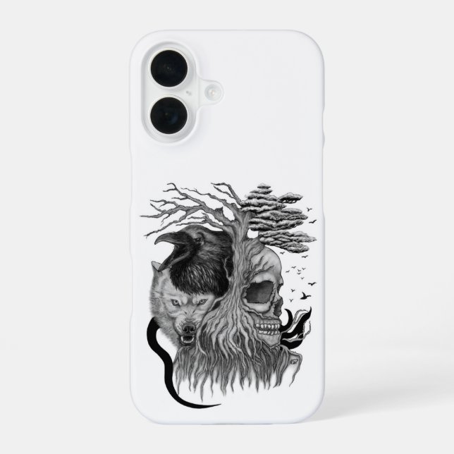 Wolf and Raven with Skull iPhone 16 Case (Back)
