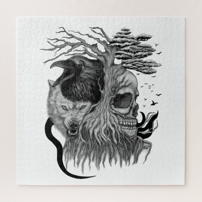 Wolf and Raven with Skull Jigsaw Puzzle (Vertical)
