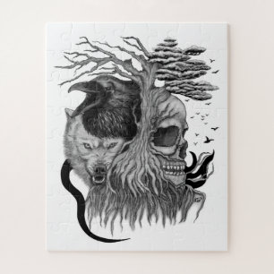 Wolf and Raven with Skull Jigsaw Puzzle