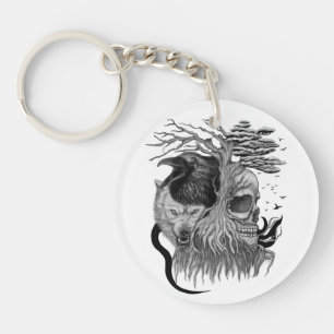 Wolf and Raven with Skull Keychain