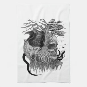 Wolf and Raven with Skull Kitchen Towel