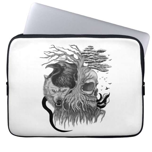Wolf and Raven with Skull Laptop Sleeve (Front)