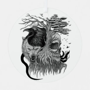 Wolf and Raven with Skull Metal Ornament