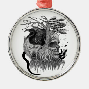 Wolf and Raven with Skull Metal Ornament
