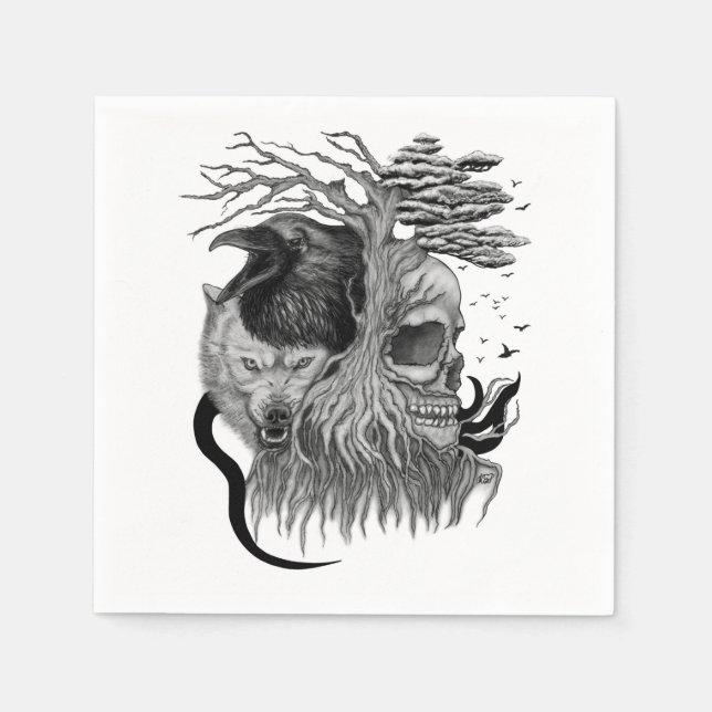 Wolf and Raven with Skull Napkin (Front)