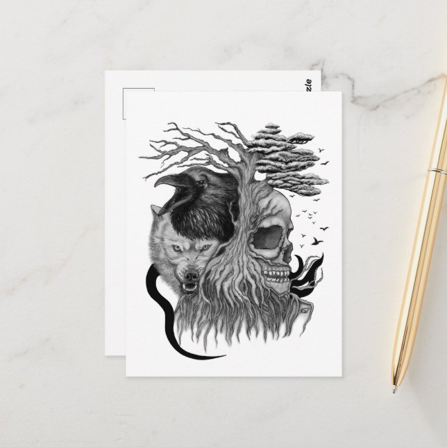 Wolf and Raven with Skull Postcard (Front/Back In Situ)